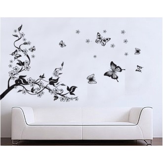 Black Tree, Butterflies, Flowers Wall Sticker